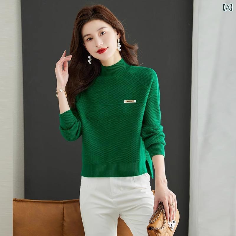 レディース トップス カジュアル おしゃれ ショート ハーフ タートルネック セーター 秋冬 ハイウエスト グリーン カラー ニット ボトム シャツ