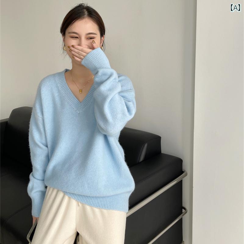 トップス レディース おしゃれ カジュアル モヘア 優しい ブルー Vネックプルオーバー セーター 秋冬 ..