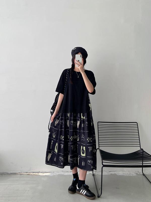 ワンピース レディース カジュアル デート おしゃれ 夏 半袖 Tシャツ ロング スカート フェイクセットアップ 重ね着風 大きめサイズ スリム 膝上 ドレス