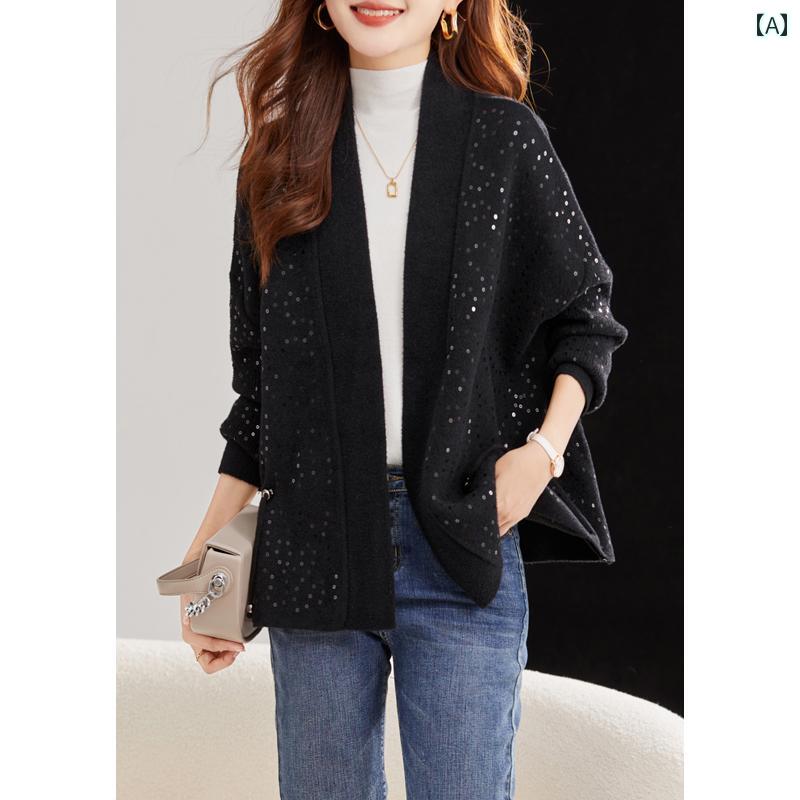 Outerwear - アウター レディース ファッション おしゃれ カジュアル 上品 秋 ウール ショート コート スパンコール キラキラ キラキラ ウエスト スリム ショール
