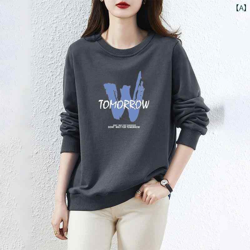 レディース トップス カジュアル おしゃれ 綿 プリントスウェット シャツ 秋冬 起毛 厚手 レター ジャ..