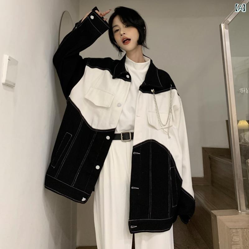 アウター レディース カジュアル おしゃれ 上品 普段使い デニムジャケット 秋 韓国 イン トレンディ 黒白 ステッチ ジャケット トップス