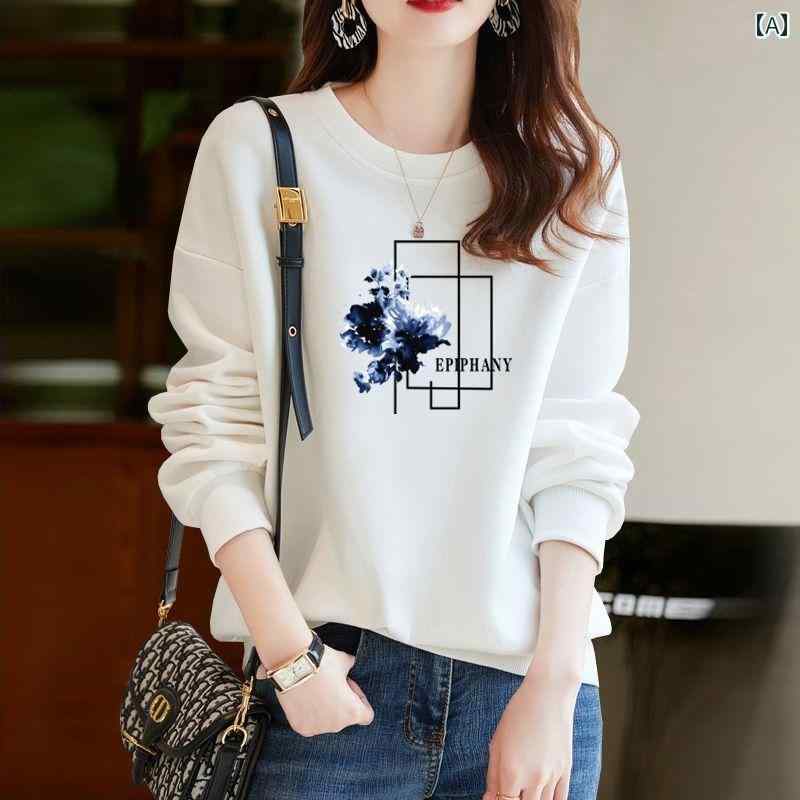 トップス レディース おしゃれ カジュアル クリーム アプリコット ユニーク プリントスウェット シャツ..