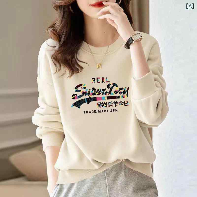 トップス レディース おしゃれ カジュアル 秋冬 厚手 綿 ラウンドネック スウェットシャツ 起毛 厚手 スリム