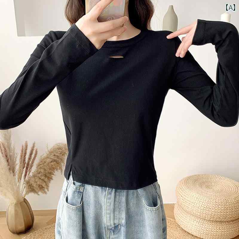 トップス レディース 上品 おしゃれ 通勤 オフィス カジュアル 黒 長袖 Tシャツ ショート ハイウエスト..