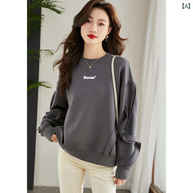 トップス レディース おしゃれ カジュアル 初秋 ラウンドネック フード レス 体型カバー スウェットシャツ ショート カジュアル 長袖