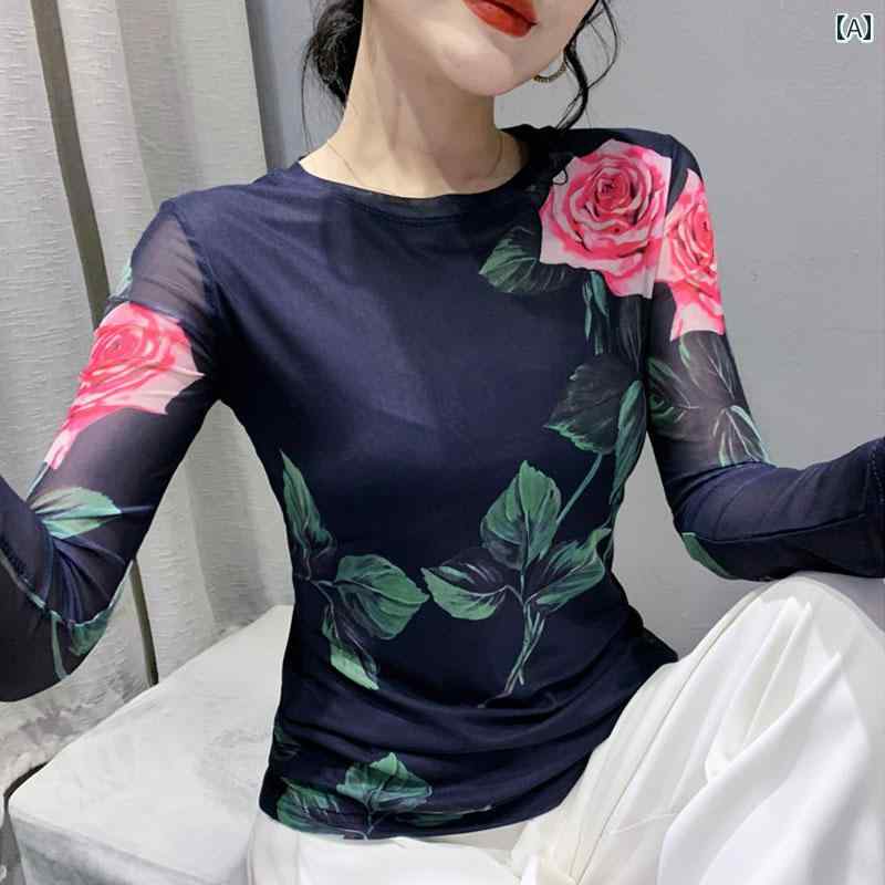 レディース トップス カジュアル おしゃれ 花柄 メッシュ 長袖 Tシャツ ボトム シャツ 秋服 スリムフィ..