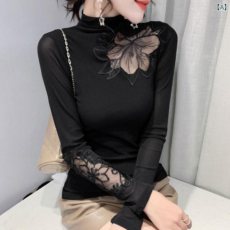 レディース トップス カジュアル おしゃれ 魅惑 刺繍 長袖 Tシャツ 秋 スリムフィット ウエスタン メッシュ ボトム シャツ