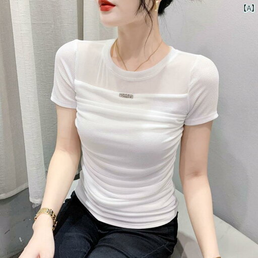 レディース トップス カジュアル おしゃれ 魅惑 レース シャツ 夏 半袖 Tシャツ スリミング スリム スタイリッシュ プリーツ メッシュ レディース トップス カジュアル おしゃれ 魅惑 レース シャツ 夏 半袖 Tシャツ スリミング スリム スタイリッシュ プリーツ メッシュ