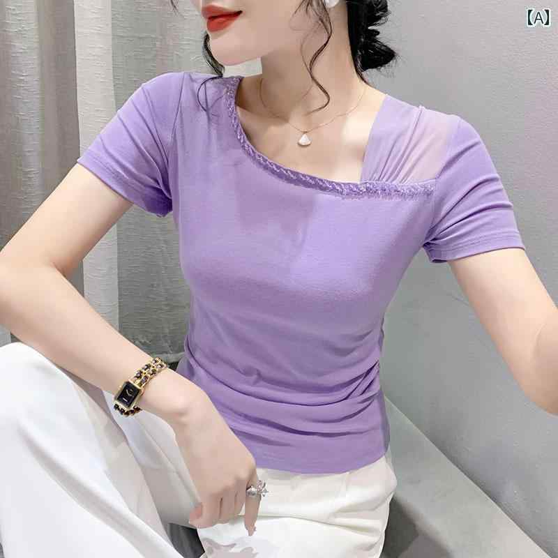 レディース トップス カジュアル おしゃれ ビーズ 半袖 Tシャツ 夏新 メッシュ 半袖 スリムフィット グッズ シャツ