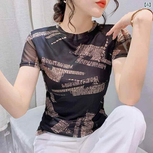 レディース トップス カジュアル おしゃれ レター プリント メッシュ Tシャツ 半袖 夏 ドレス レトロ スタイリッシュ スリム シック シャツ トレンディ ス レディース トップス カジュアル おしゃれ レター プリント メッシュ Tシャツ 半袖 夏 ドレス レトロ スタイリッシュ スリム シック シャツ トレンディ ス