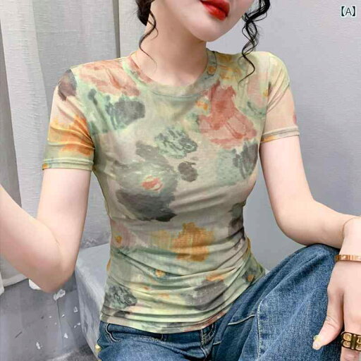 レディース トップス カジュアル おしゃれ 夏 レトロ プリント 半袖 Tシャツ スリムフィット スタイリッシュ ストレッチメッシュ 半袖 シャツ シック トレンディ ス レディース トップス カジュアル おしゃれ 夏 レトロ プリント 半袖 Tシャツ スリムフィット スタイリッシュ ストレッチメッシュ 半袖 シャツ シック トレンディ ス