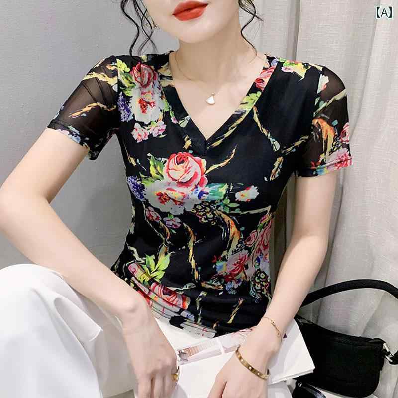 レディース トップス カジュアル おしゃれ 夏 Vネック メッシュ プリント 半袖 Tシャツ 美しい スリムフィット ス ボトム シャツ