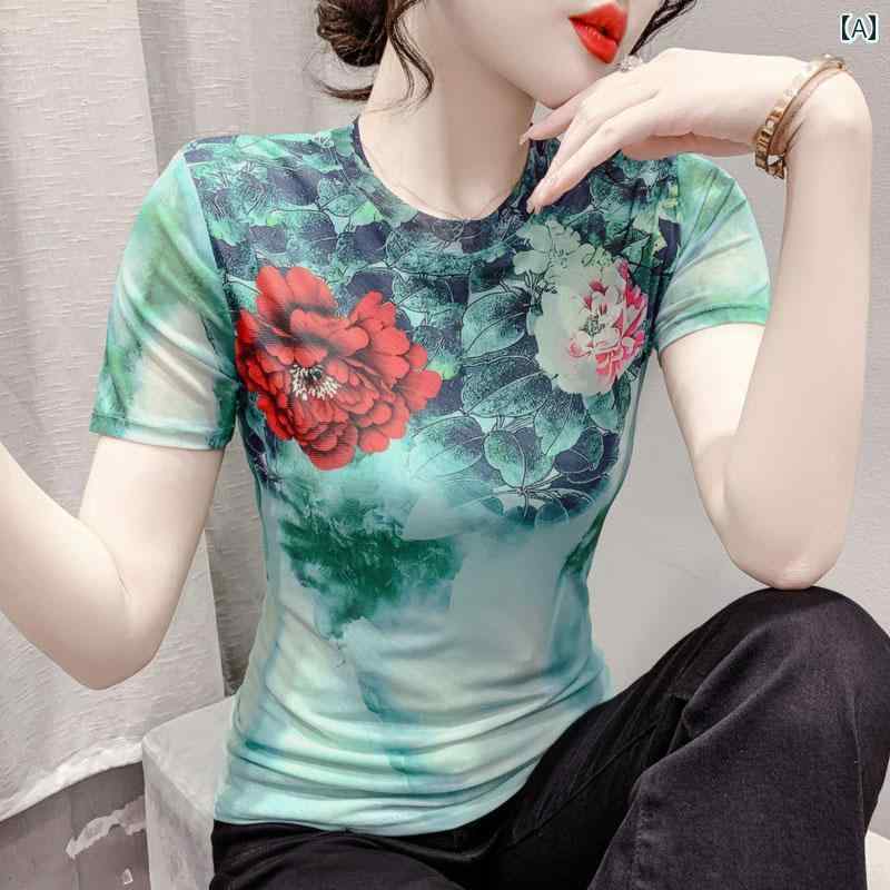 レディース トップス カジュアル おしゃれ ひんやり 快適 半袖 Tシャツ 夏 母 美しい プリント メッシュ ボトム シャツ(4)