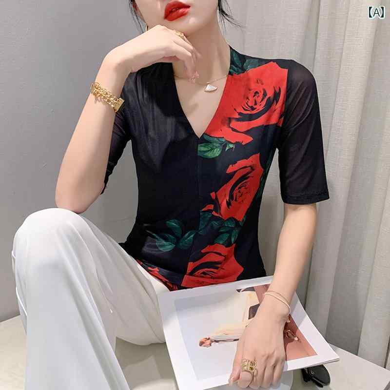 レディース トップス カジュアル おしゃれ 夏 プリント メッシュ スリーブ Tシャツ 魅惑 Vネック スリミング ボトム シャツ