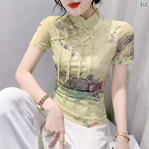 レディース トップス カジュアル おしゃれ 西洋風 プリント メッシュ Tシャツ 半袖 夏 ドレス スタンドカラー バックル レトロ ス シャツ レディース トップス カジュアル おしゃれ 西洋風 プリント メッシュ Tシャツ 半袖 夏 ドレス スタンドカラー バックル レトロ ス シャツ
