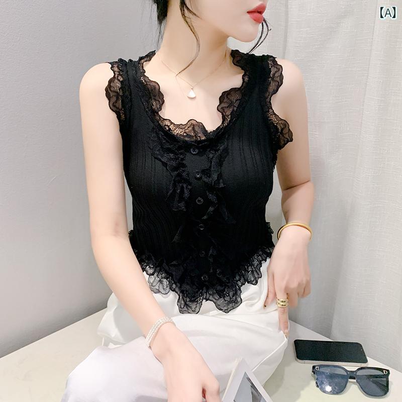 レディース トップス カジュアル おしゃれ レース ニットキャミソール 夏 スリムフィット ショート ア..