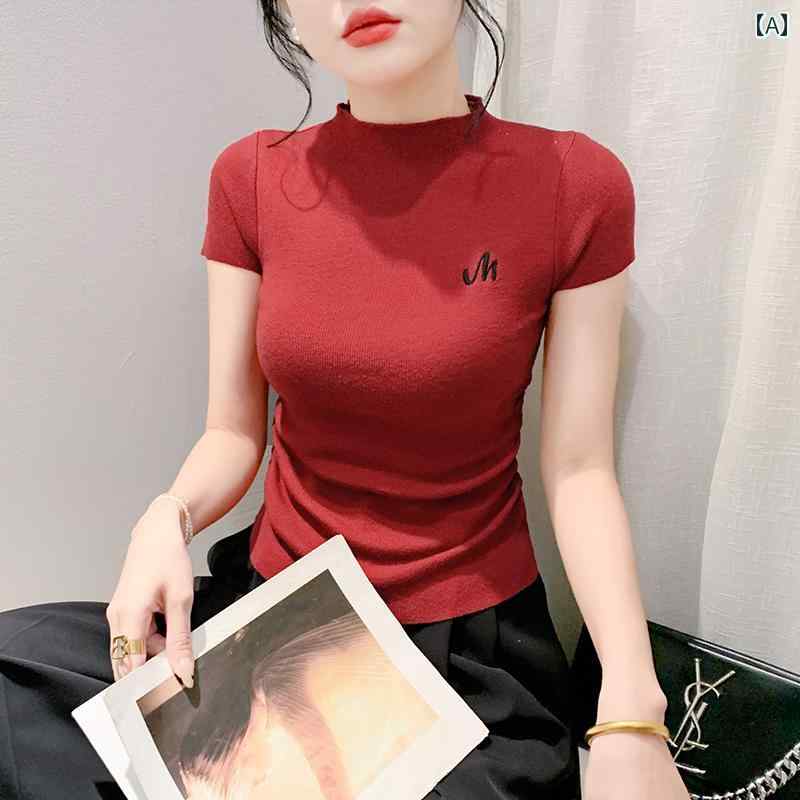 レディース トップス カジュアル おしゃれ アメリカン ストリート 刺繍 ハーフ タートルネックセーター 半袖 Tシャツ 夏 服新 スリムフィット