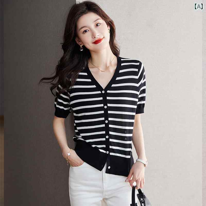 トップス レディース おしゃれ 上品 通勤 オフィス カジュアル ひんやり 快適 セーター カーディガン 夏 スリム ストライプ 半袖