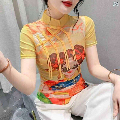 レディース トップス カジュアル おしゃれ チャイナ風 トレンド メッシュ プリント 半袖 Tシャツ 夏 レトロ バックル シャツ トレンディ ス レディース トップス カジュアル おしゃれ チャイナ風 トレンド メッシュ プリント 半袖 Tシャツ 夏 レトロ バックル シャツ トレンディ ス