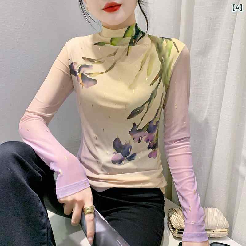 レディース トップス カジュアル おしゃれ ハイネック メッシュ ボトム シャツ 秋冬 スリム インナー レイヤー トレンディ プリント スタンピング