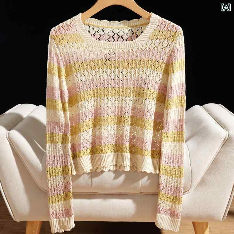 トップス レディース おしゃれ 上品 通勤 オフィス カジュアル 秋 シック スクエアネック 鎖骨 ストライプ Tシャツ ブラウス 薄手 涼しい 涼しい