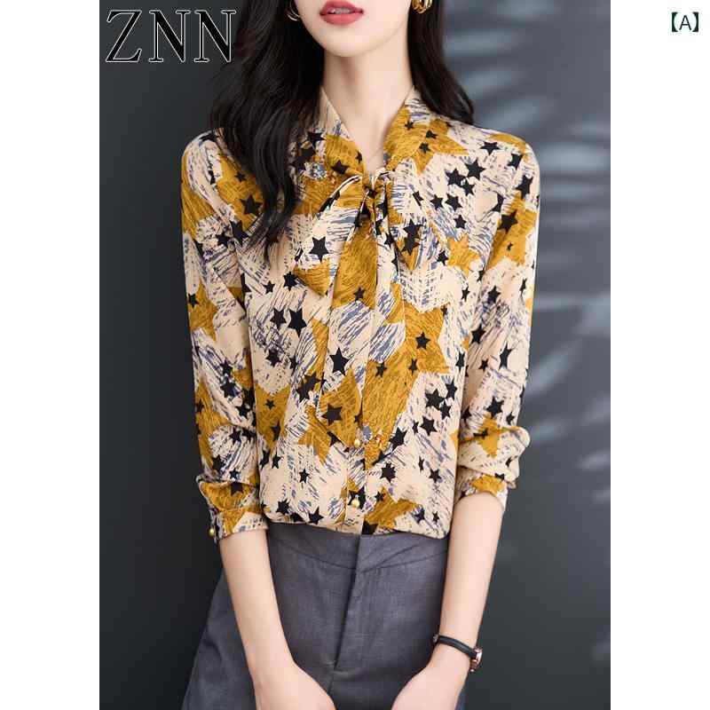 トップス レディース おしゃれ 上品 通勤 オフィス カジュアル 秋 フレンチ スター プリント 長袖 リボン シフォンシャツ 体型カバー 薄手 涼しい 涼しい