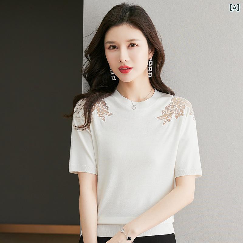 トップス レディース おしゃれ 上品 通勤 オフィス カジュアル 夏 ドレス スリム t シャツ ひんやり 快適 ニット ファッション ボト シャツ 黒 半袖 レース