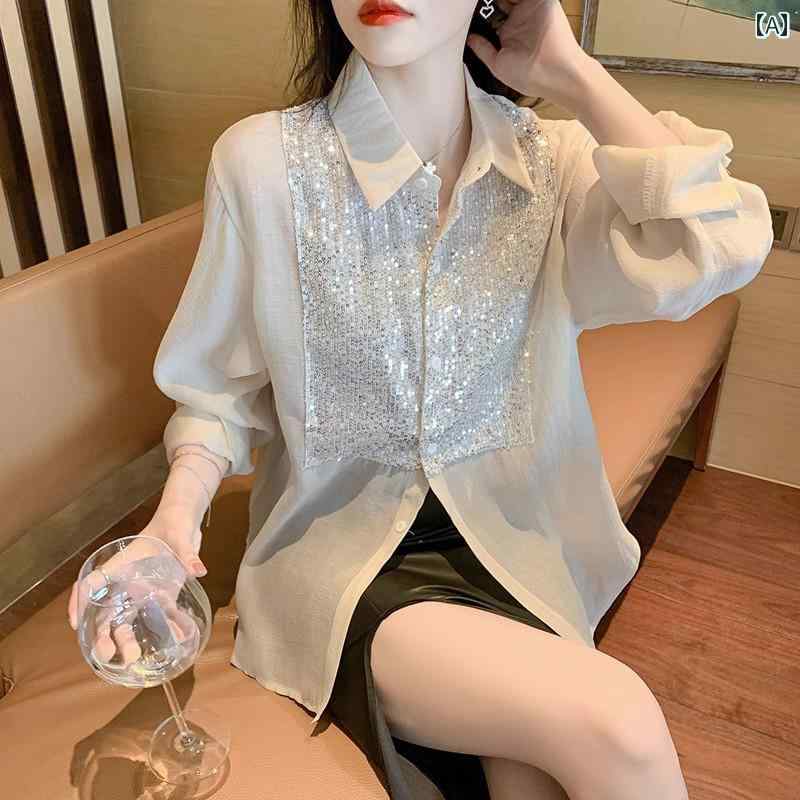 Long-Sleeved - レディース トップス カジュアル おしゃれ スパンコール キラキラ キラキラ 長袖 シャツ 秋服新 ファッション 日焼け シャツ ゆったり
