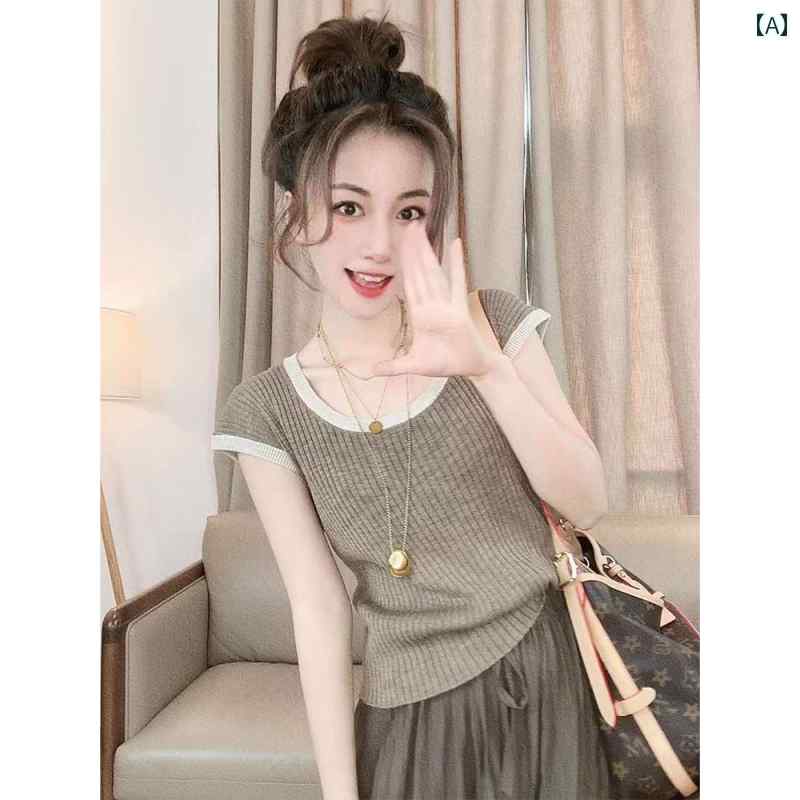 レディース トップス おしゃれ エレガント 通勤 オフィス カジュアル レディース トップス 夏 軽量 涼しい 涼しい ラグジュアリー ストリート ス 美しく スタイリッシュ ニット セーター 右 肩 半袖 Tシャツ
