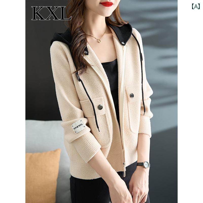 アウター レディース カジュアル おしゃれ 普段使い 早春秋 フード スウェットシャツ ショート コート 母 カジュアル ジッパー カーディガン