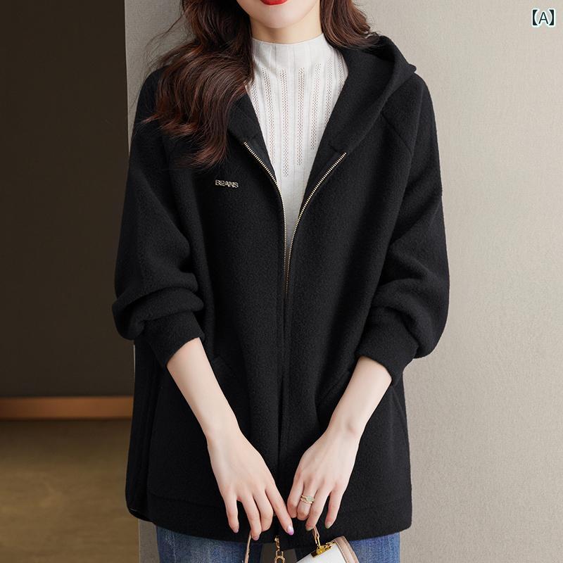 アウター レディース カジュアル おしゃれ 普段使い 母 大きめサイズ 両面 ウール コート 丈 フード ジッパー カーディガン 体型カバー コート