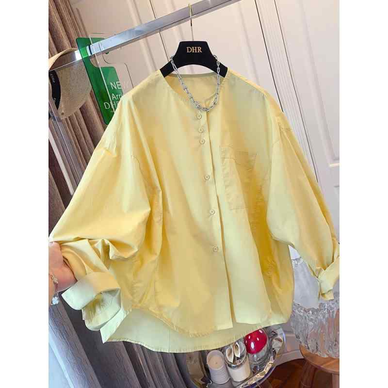シャツ レディース 長袖 ラウンドネック ゆったり オーバーサイズ ルーズシルエット 綿麻 ブラウス トップス フレンチスタイル きれいめ 通勤 オフィス カジュアル 無地 切り替え イエロー ホワイト 春夏