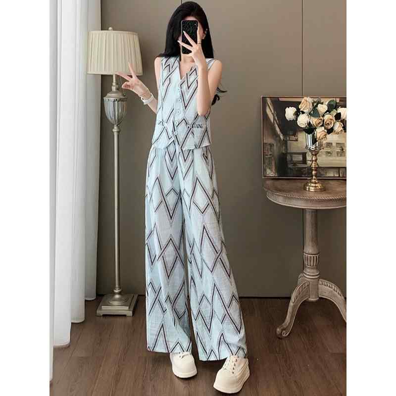 レディース セットアップ ノースリーブ ベスト ジレ ワイドパンツ 通勤 オフィス 大人 きれいめ 無地 綿混 ポリエステル ストレッチ 春夏 ライトブルー