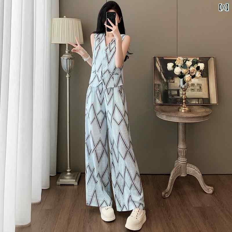 レディース セットアップ ノースリーブ ベスト ジレ ワイドパンツ 通勤 オフィス 大人 きれいめ 無地 綿混 ポリエステル ストレッチ 春夏 ライトブルー