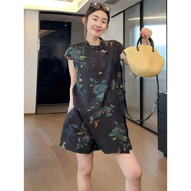 セットアップ レディース カジュアル 上品 レトロ オールドマネー風 高級感 半袖トップス パフスリーブ ショートパンツ 2点セット 春夏 ブラック 無地 綿混 ストレッチ 光沢感 普段使い