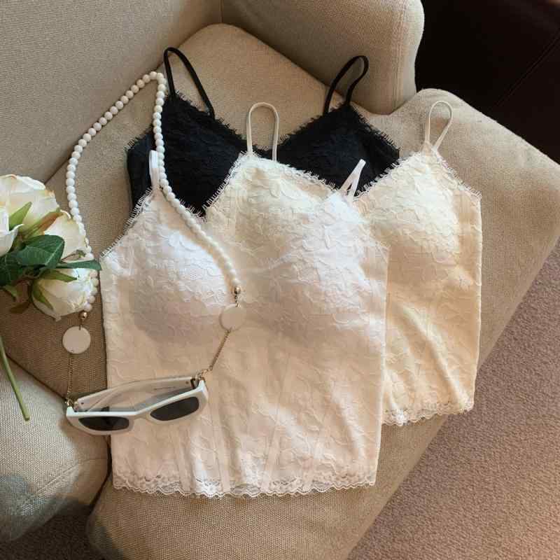 レディース インナー キャミソール カップ付き レーストリム 美背 ビスチェ風 タンクトップ ショート丈 スリムフィット 綿混 春夏 ホワイト ブラック アプリコット(4)