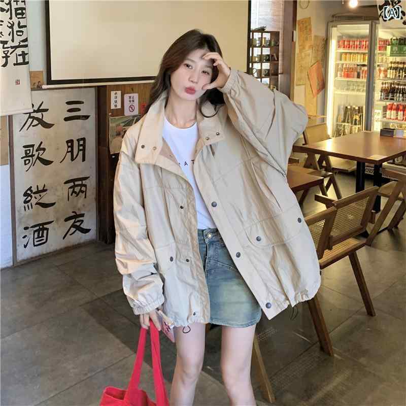 アウター レディース カジュアル おしゃれ 普段使い ジャケット 春秋 ファッション ゆったり 韓国 優しい カレッジ スタンドカラー ジャケット