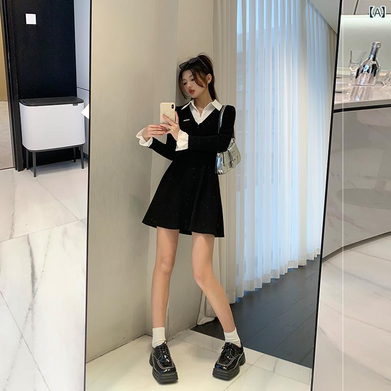 大きめサイズ レディース おしゃれ ファッション カジュアル デート 女子会 普段使い ぽっちゃり 秋冬 スリム シャツ 襟 黒い スカート 仲良し ドレス