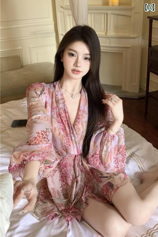 レディース ファッション おしゃれ カジュアル 普段使い デート 女子会 フランス 花柄 Vネック 長袖 シフォン ドレス 春夏 レースアップ スカート ピンク スカート