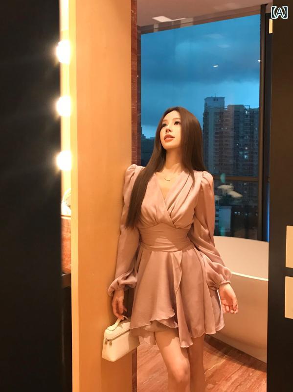 レディース ファッション おしゃれ カジュアル 普段使い デート 女子会 優しい フレンチ Vネック ウエスト 長袖 シフォン イレギュラー ショート ドレス 秋美白 フェアリー ドレス