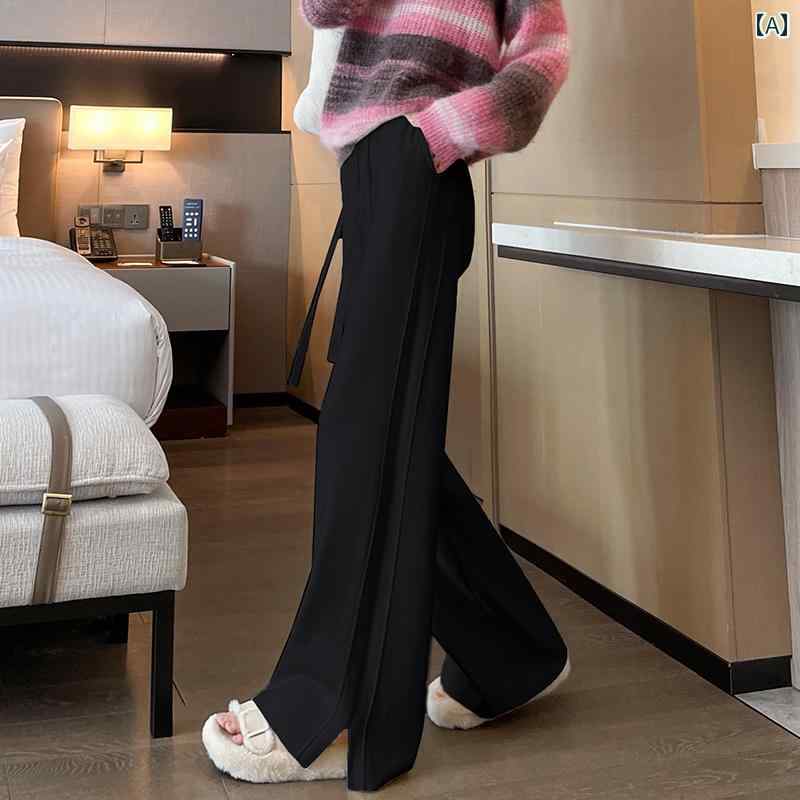 レディース ズボン カジュアル パンツ 白 ニット 秋冬 ストレート ドレープ ソフト スリット ワイドレッグ 春秋