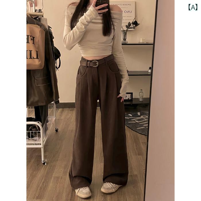 レディース ズボン カジュアル パンツ レトロ 秋 韓国 ドレープ ハイウエスト スリム ワイドレッグ
