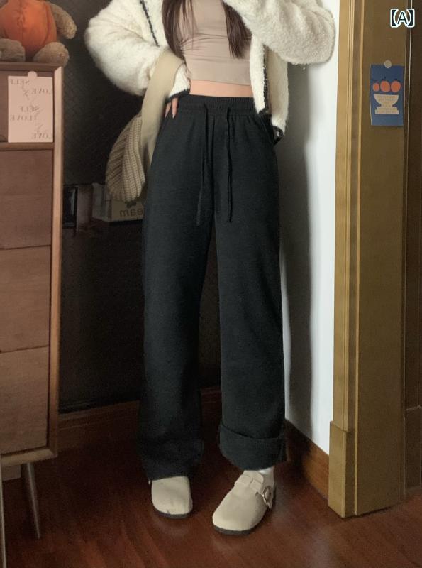 レディース ズボン カジュアル パンツ 起毛 厚手 巾着 スウェット 秋 ハイウエスト ストレート スポーツ ポケット ロング