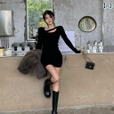 レディース ファッション おしゃれ カジュアル 普段使い デート 女子会 アメリカン ガール 長袖 ニット ドレス 秋 スリム ストレッチ ショート スカート 無地 ウエスト タイト カバー ヒップ スカート