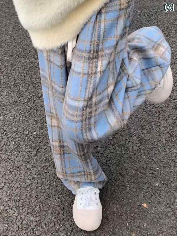 レディース ズボン カジュアル パンツ ブルー 起毛 チェック 秋冬 ハイウエスト コットン ウール ワイドレッグ