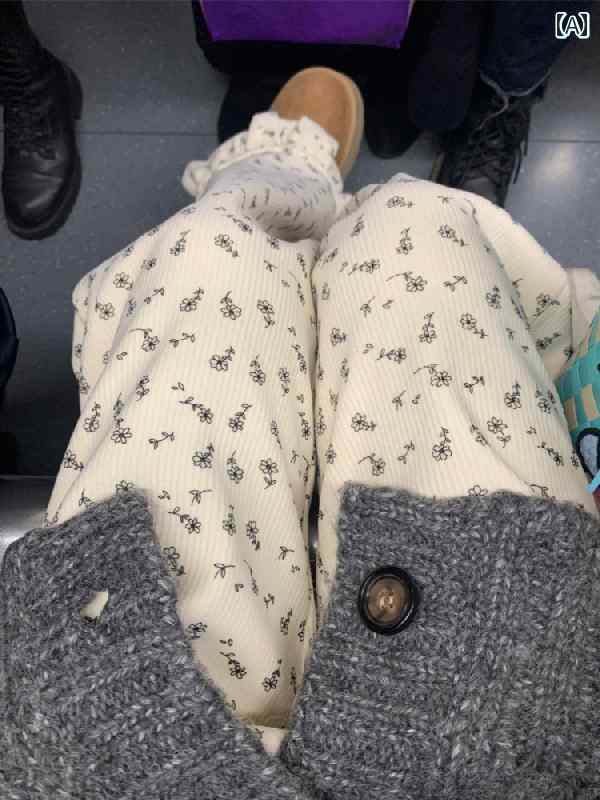 レディース ズボン カジュアル パンツ 韓国 花柄 起毛 厚手 レース 秋冬 コーデュロイ ハイウエスト スリミング ワイドレッグ