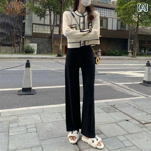 レディース ズボン カジュアル パンツ 冬 厚手 ニット ワイドレッグ スリム ハイウエスト シンプル 高さ ストレート