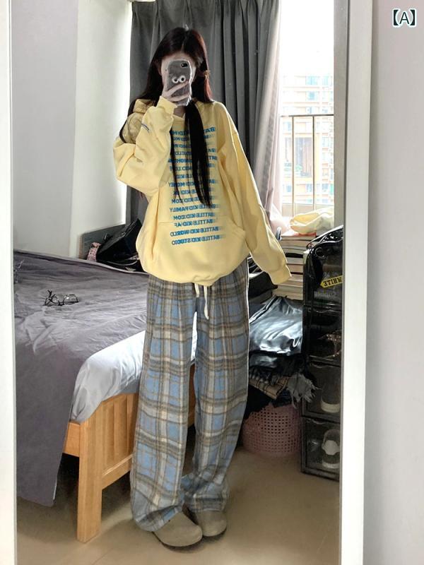 レディース ズボン カジュアル パンツ 起毛 ブルー ウール チェック 秋冬 ハイウエスト ドレープ ワイドレッグ ロング