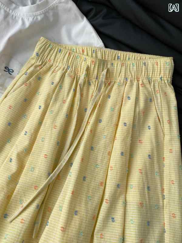 レディース ズボン カジュアル パンツ 夏 水玉 イエロー 薄手 涼しい 涼しい ゆったり ワイドレッグ ストレート レッグ フロア レングス